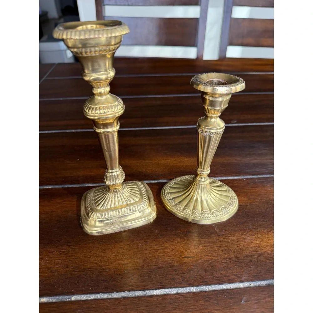 Vintage Eclectic Brass Candlestick Set Louis XVI Style